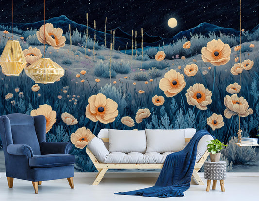 Midnight Desert Blooms Non Floral Wallpaper – room setting, Golden Era Walls