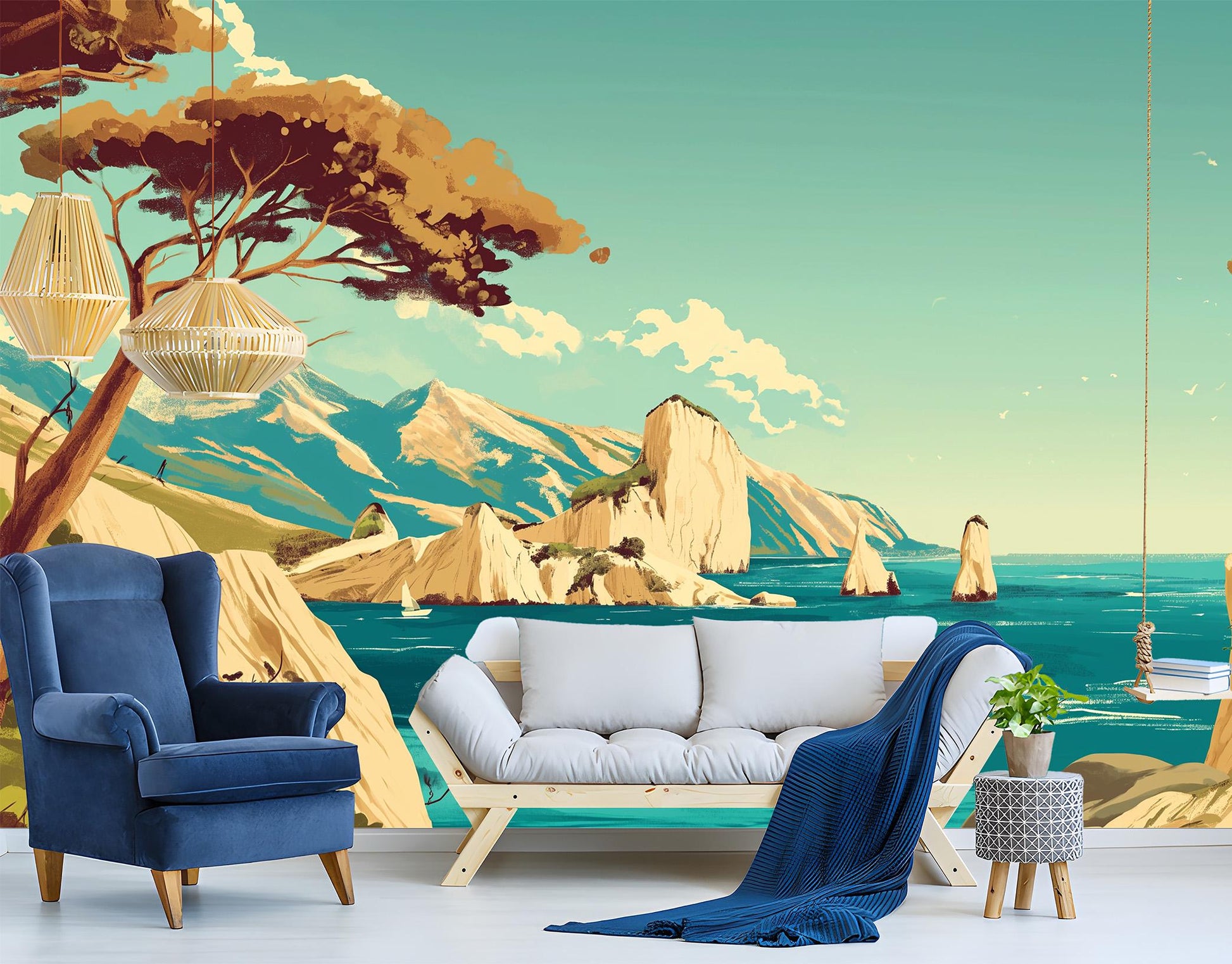 Mediterranean Beach Landscape Featuring Geometric Wallp – detail view, Golden Era Walls