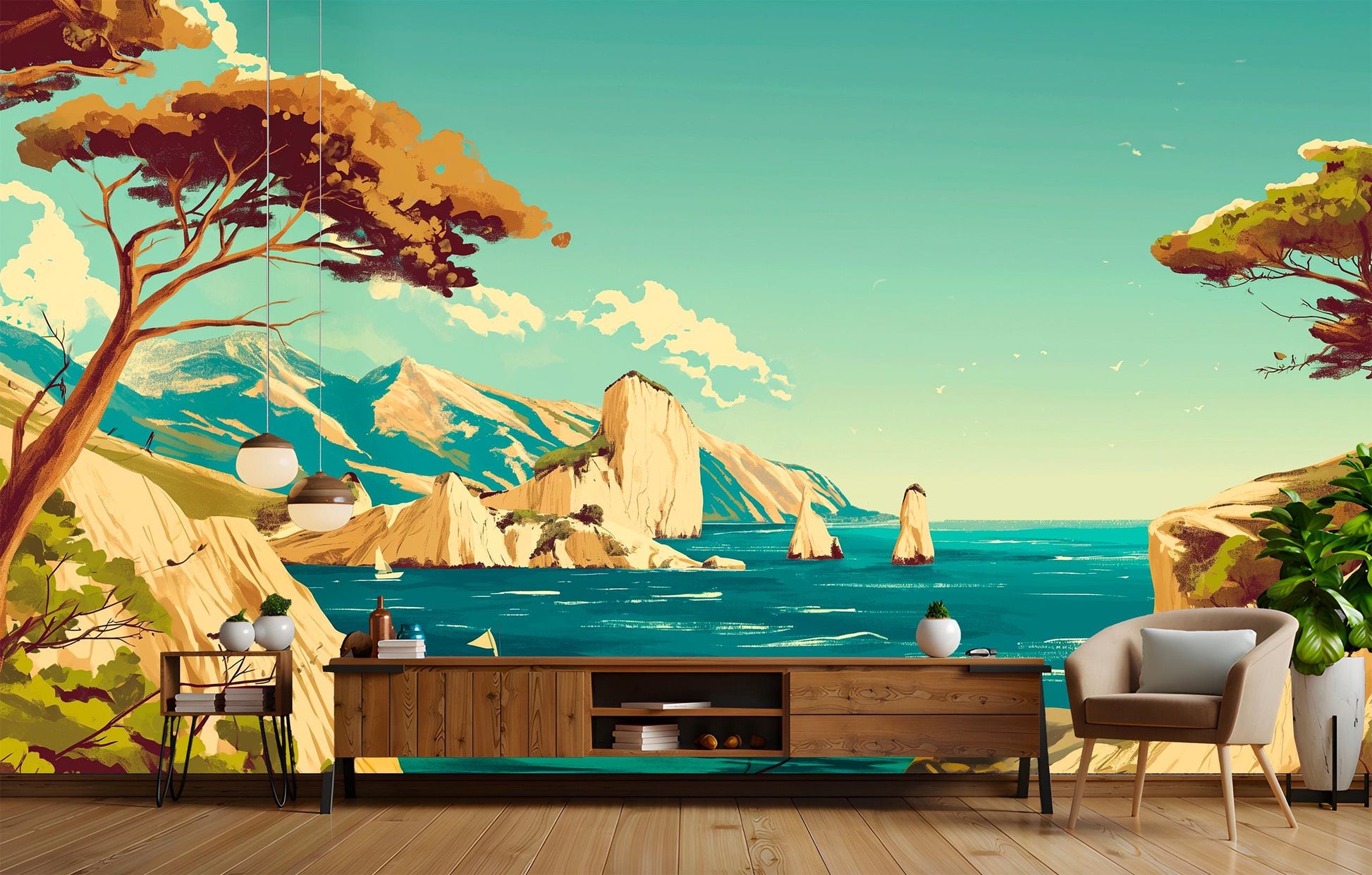 Mediterranean Beach Landscape Featuring Geometric Wallp – room setting, Golden Era Walls