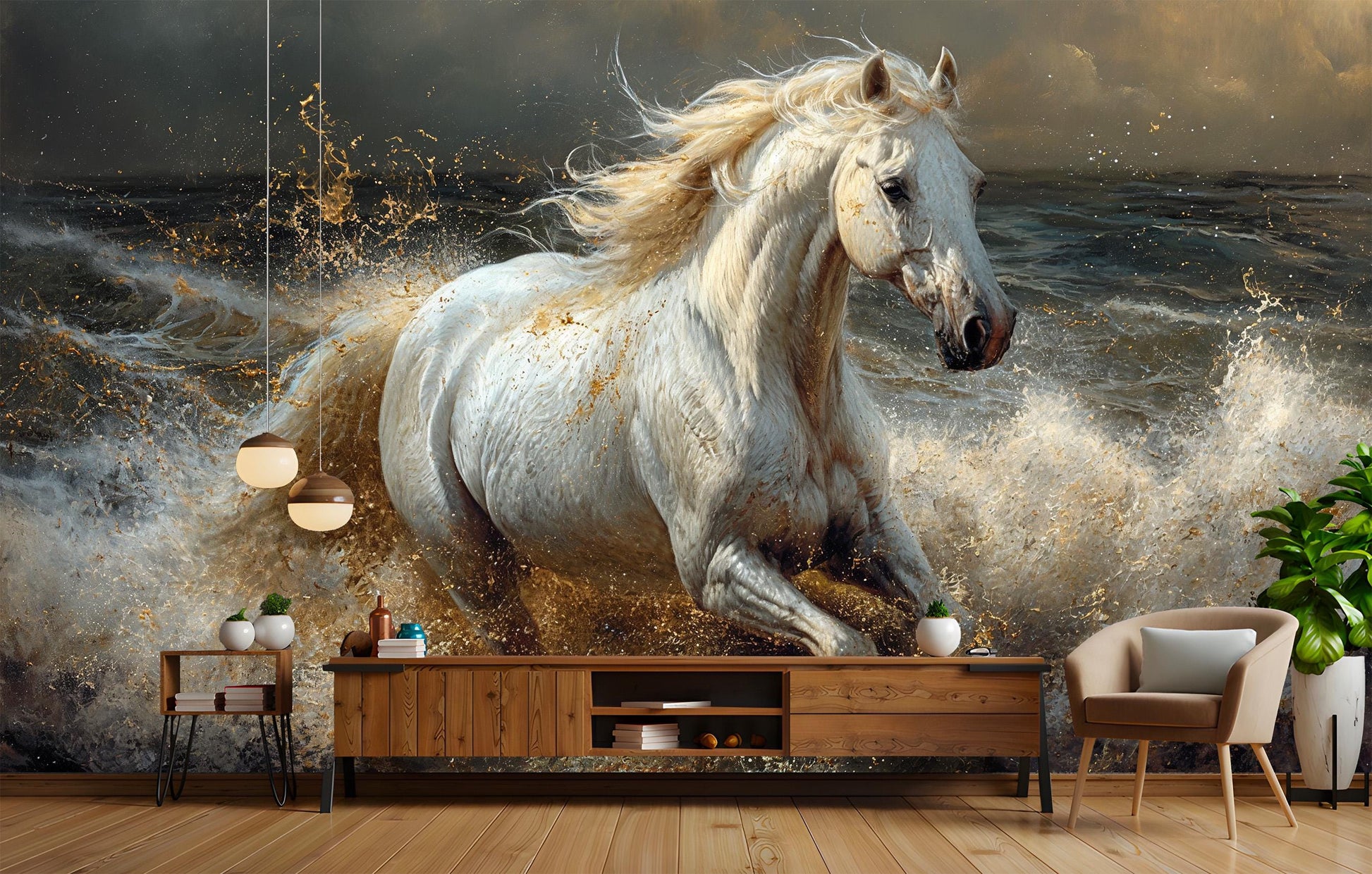 Majestic White Horse Water Wallpaper – peel and stick wallpaper mural, Golden Era Walls