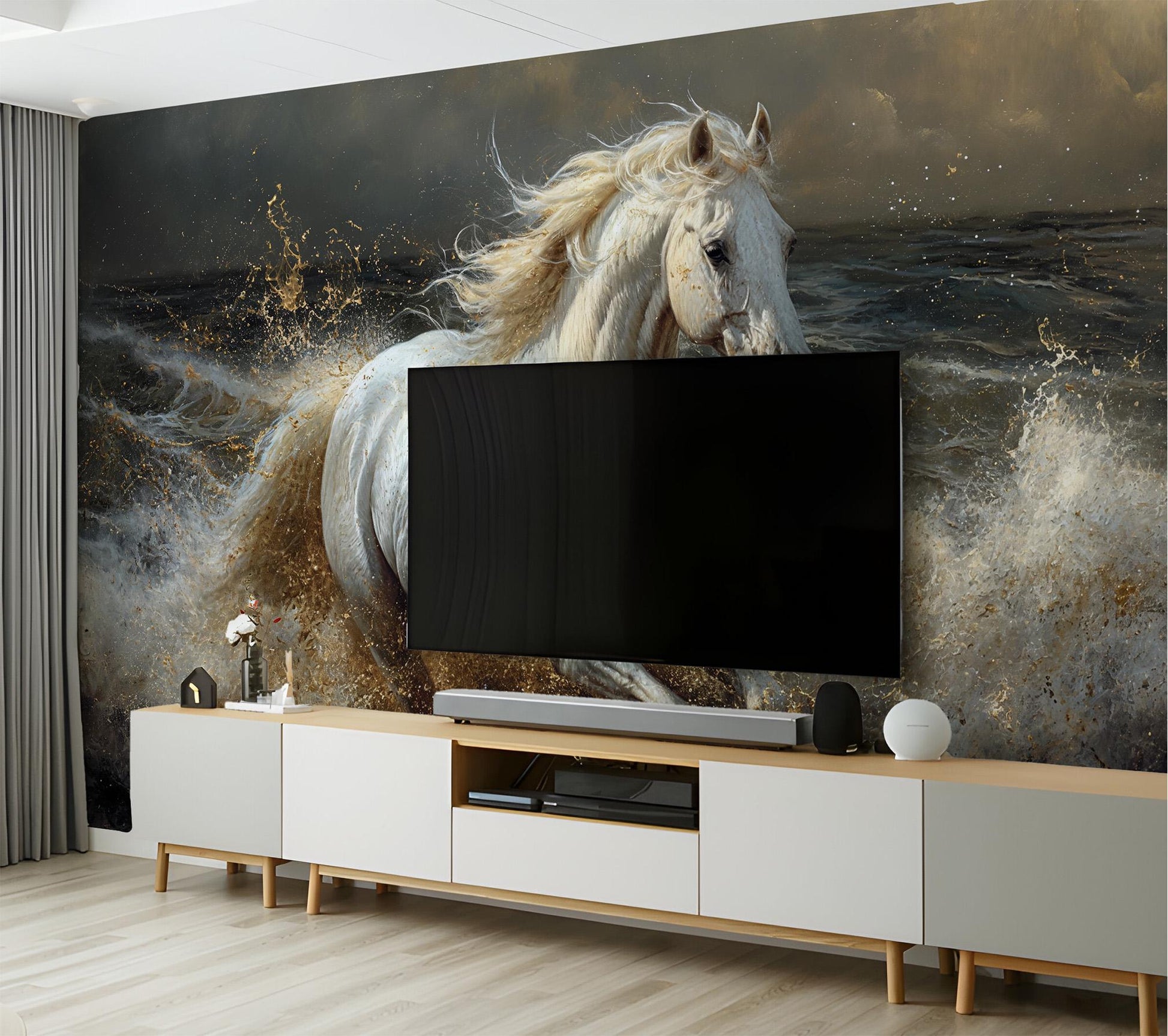 Majestic White Horse Water Wallpaper – detail view, Golden Era Walls