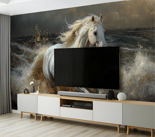 Majestic White Horse Water Wallpaper – detail view, Golden Era Walls