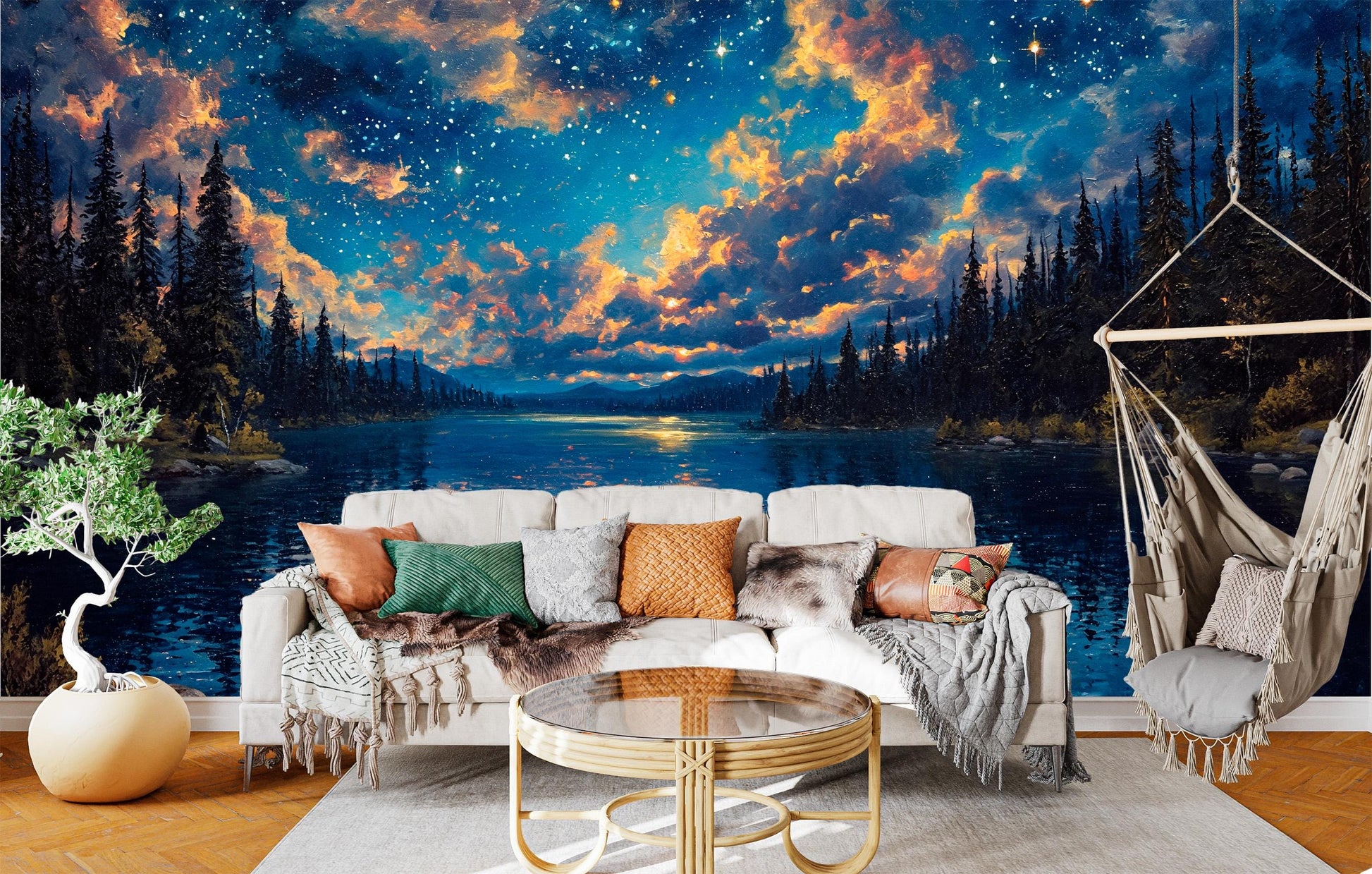 Magical Starry Sky Forest Wallpaper – lifestyle view, Golden Era Walls