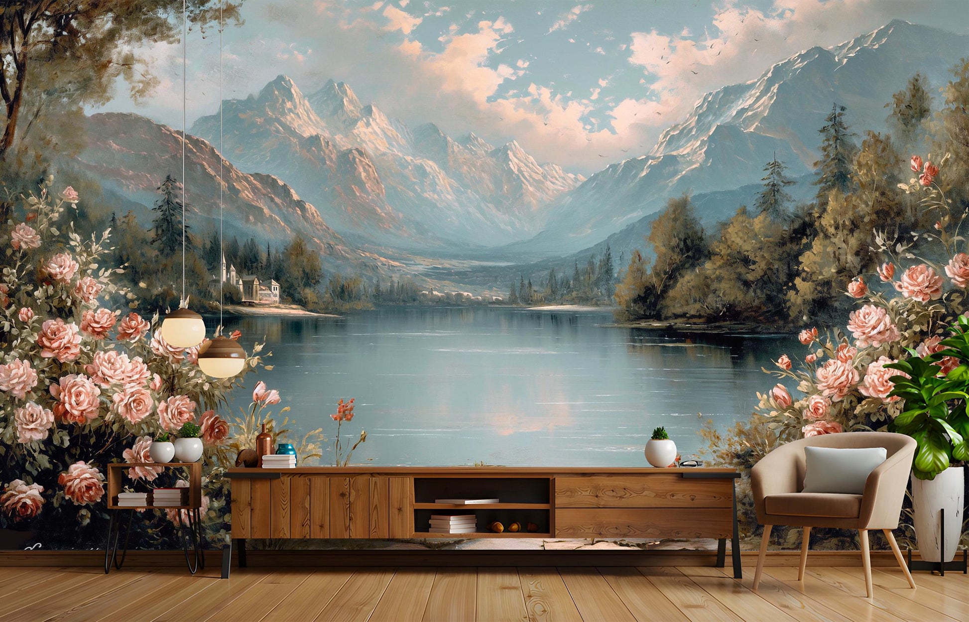 Lush Mountain Lake Rose Floral Wallpaper – room setting, Golden Era Walls