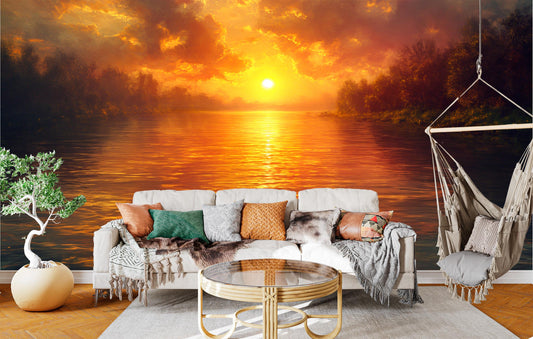 Golden Sunset River Serene Wallpaper – peel and stick wallpaper mural, Golden Era Walls