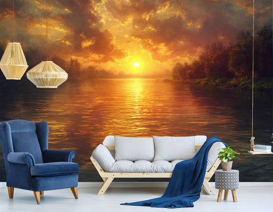 Golden Sunset River Serene Wallpaper – lifestyle view, Golden Era Walls