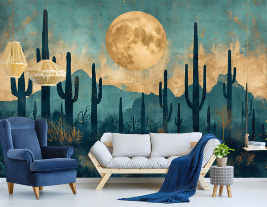 Golden Saguaro Cactus Moonlit Wallpaper – room setting, Golden Era Walls