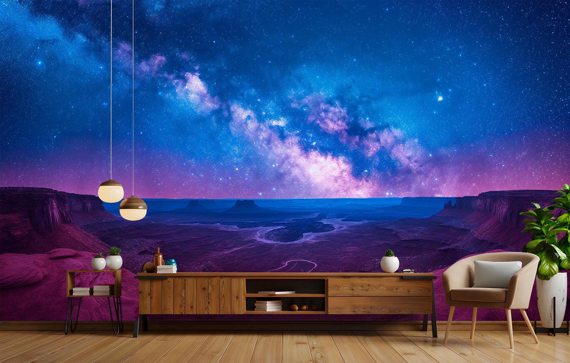 Galaxy Night Sky Landscape Wallpaper – room setting, Golden Era Walls