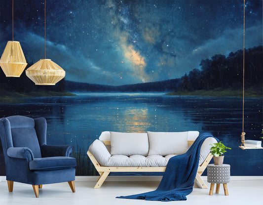Galaxy Night Lake Non Wallpaper – peel and stick wallpaper mural, Golden Era Walls