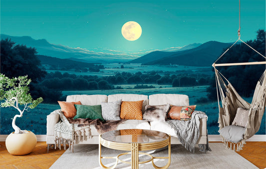 Full Moon Over Valley Wallpaper – peel and stick wallpaper mural, Golden Era Walls