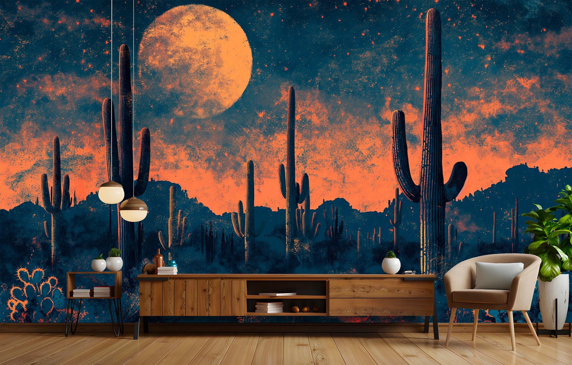 Full Moon Desert Cactus Wallpaper – room setting, Golden Era Walls