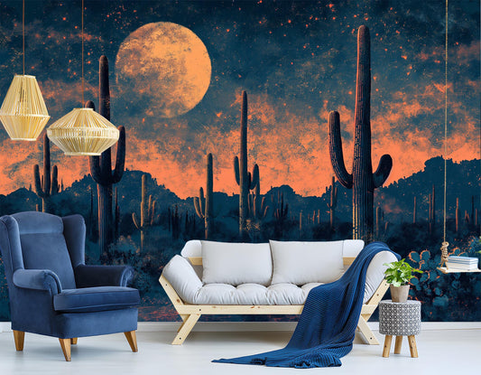 Full Moon Desert Cactus Wallpaper – detail view, Golden Era Walls