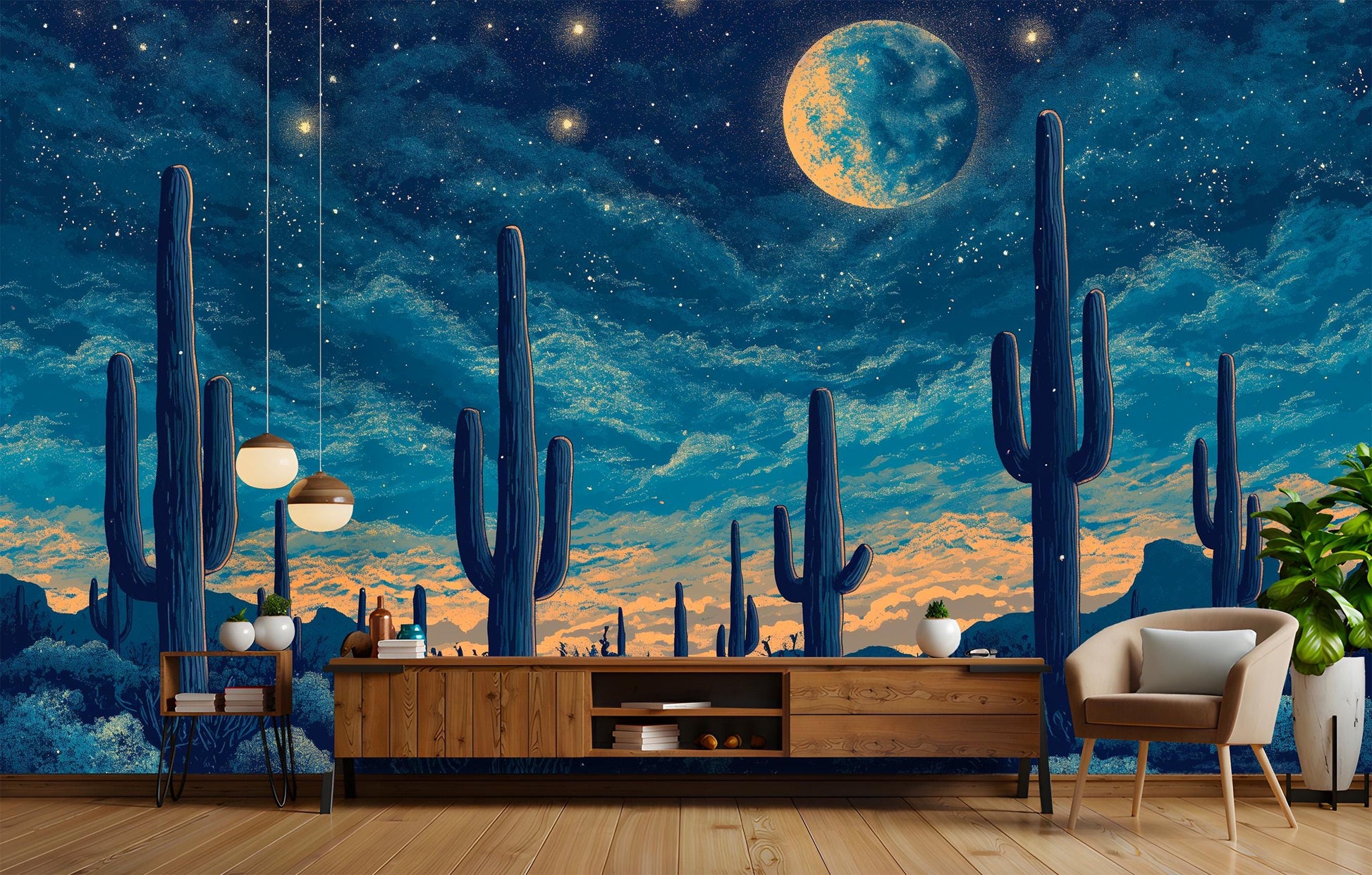 Full Moon Desert Cactus Wallpaper wallpaper mural, peel and stick removable, Golden Era Walls