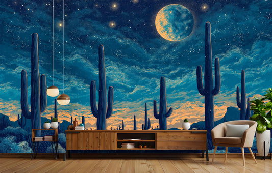 Full Moon Desert Cactus Wallpaper – peel and stick wallpaper mural, Golden Era Walls