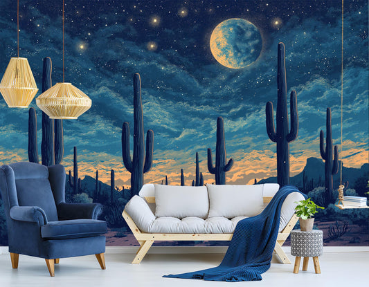 Full Moon Desert Cactus Wallpaper – detail view, Golden Era Walls