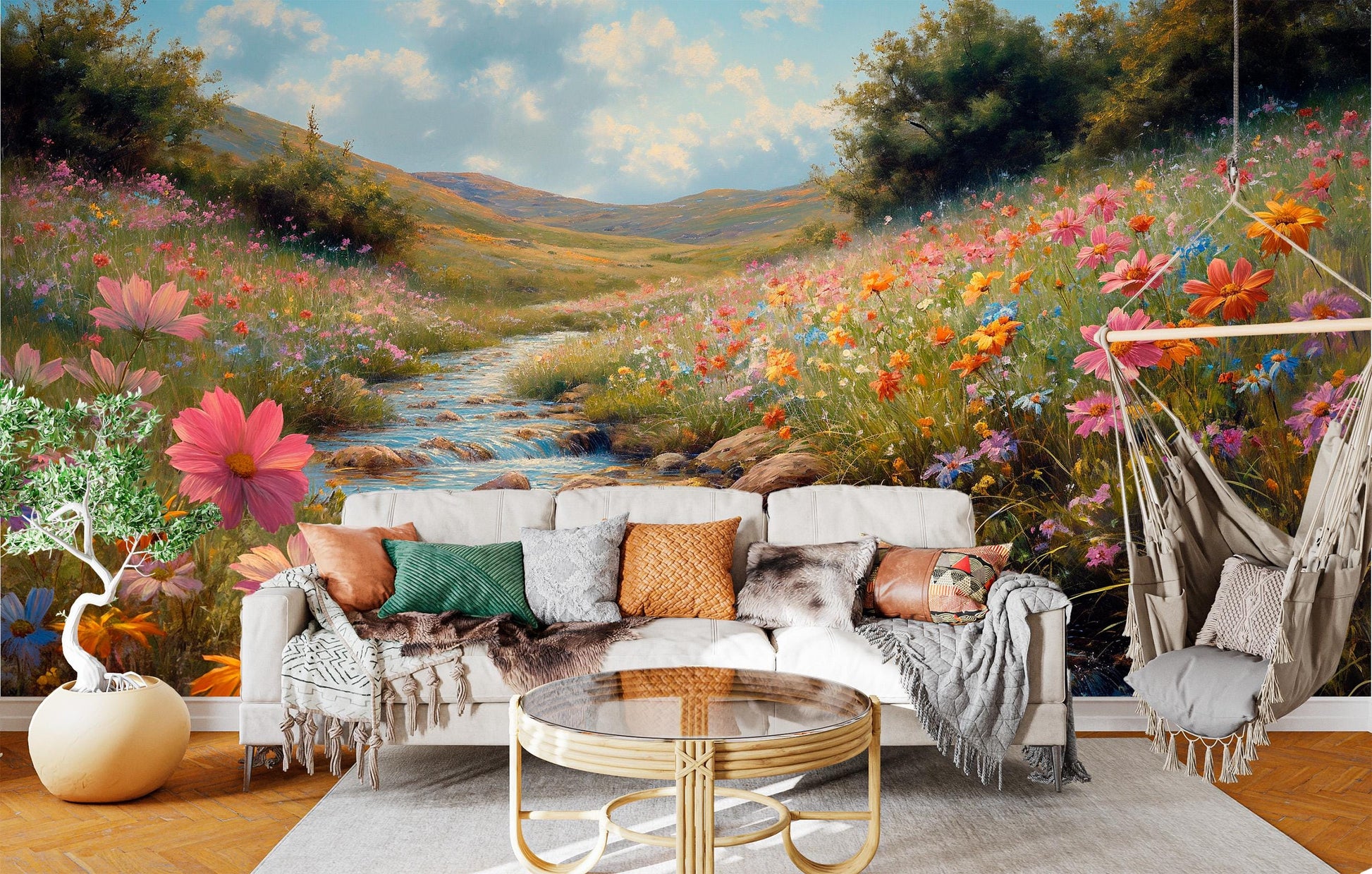 Floral Meadow Stream at Floral Wallpaper – lifestyle view, Golden Era Walls