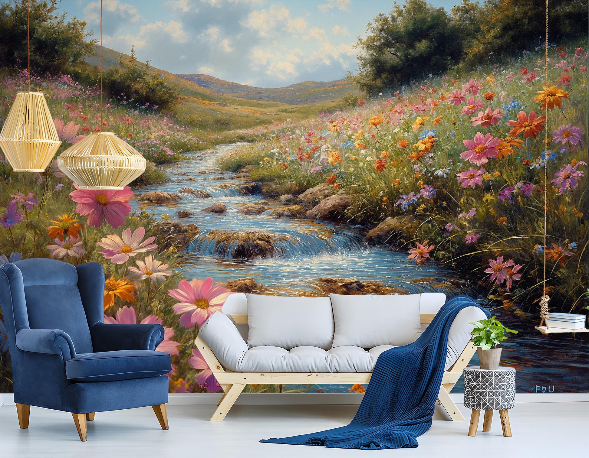 Floral Meadow Stream at Floral Wallpaper – detail view, Golden Era Walls