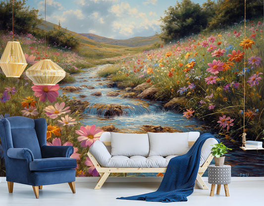 Floral Meadow Stream at Floral Wallpaper – detail view, Golden Era Walls