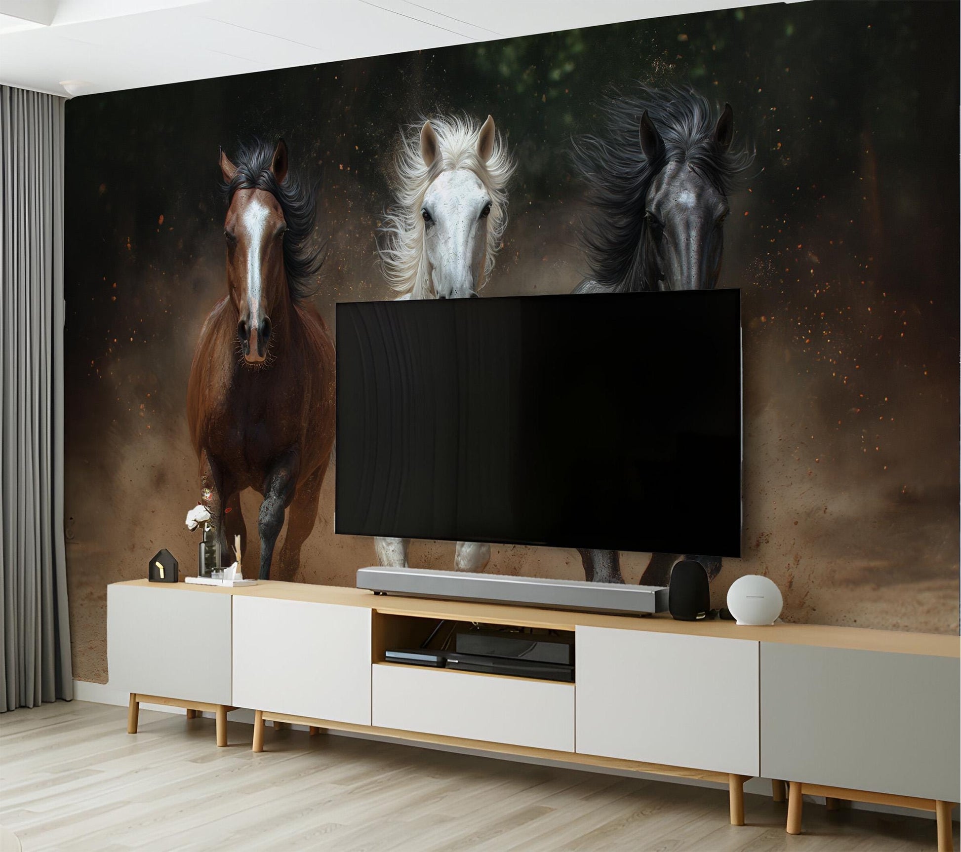 Elegant Horses Running Dust Wallpaper – detail view, Golden Era Walls