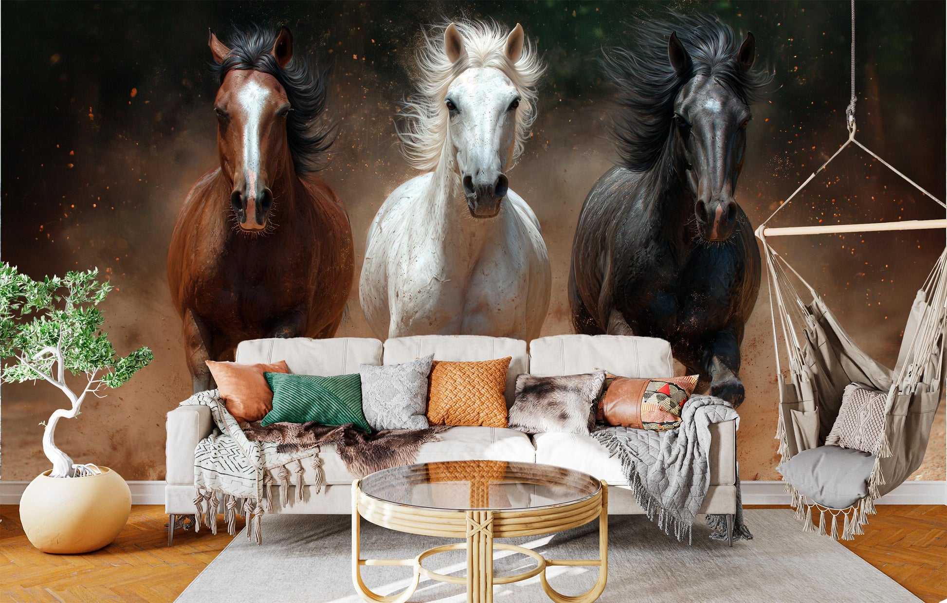Elegant Horses Running Dust Wallpaper – room setting, Golden Era Walls
