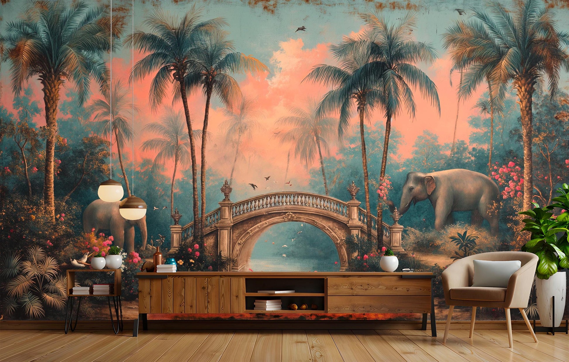 Dreamy Tropical Garden Elephants Floral Wallpaper – peel and stick wallpaper mural, Golden Era Walls