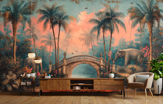 Dreamy Tropical Garden Elephants Floral Wallpaper – peel and stick wallpaper mural, Golden Era Walls