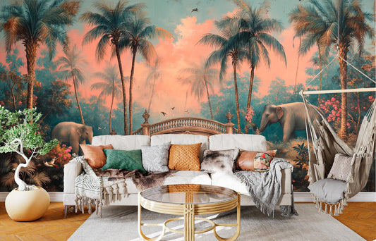 Dreamy Tropical Garden Elephants Floral Wallpaper – room setting, Golden Era Walls