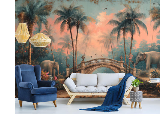 Dreamy Tropical Garden Elephants Floral Wallpaper – lifestyle view, Golden Era Walls