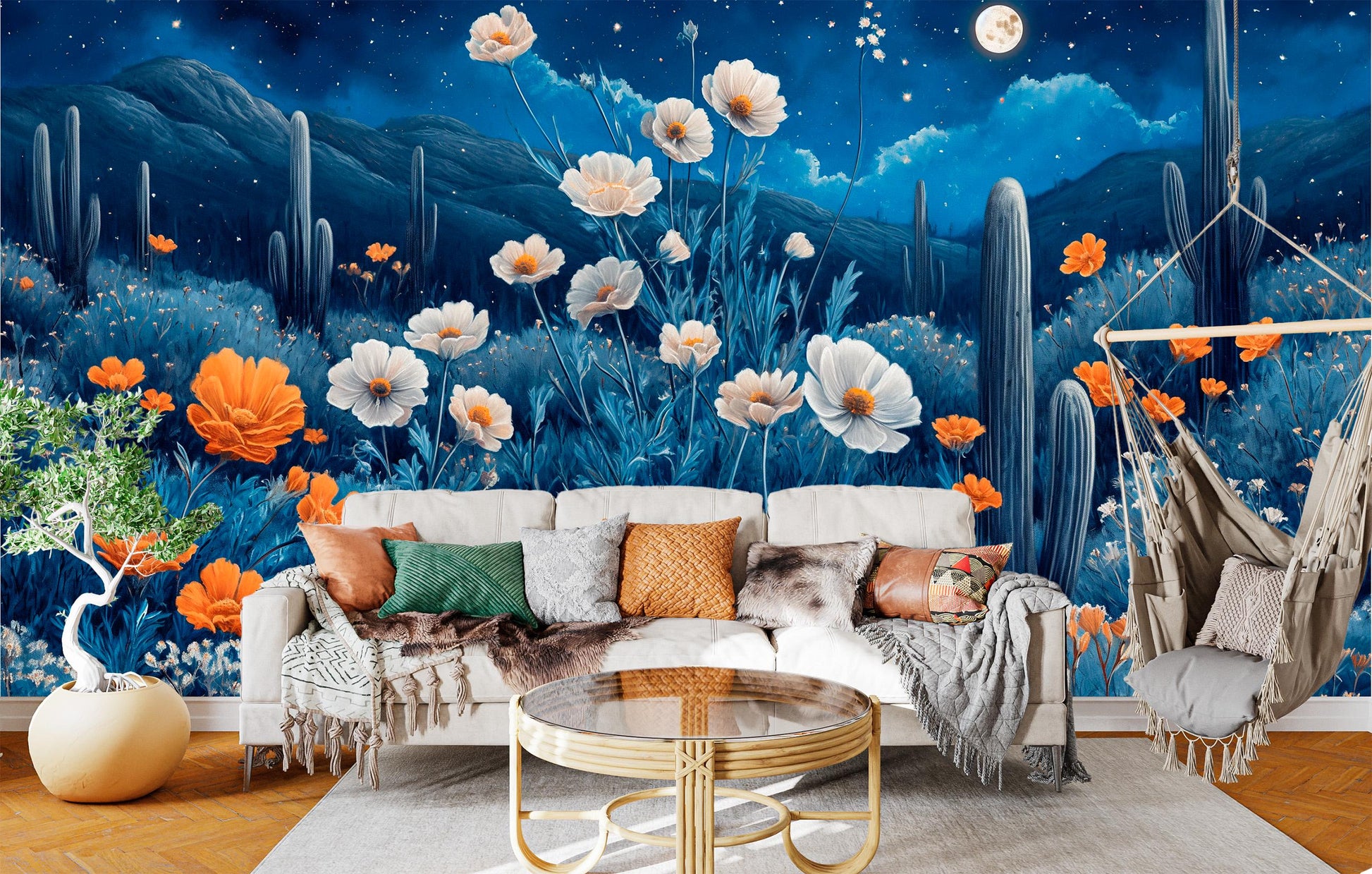 Desert Night Floral Cactus Floral Wallpaper – room setting, Golden Era Walls