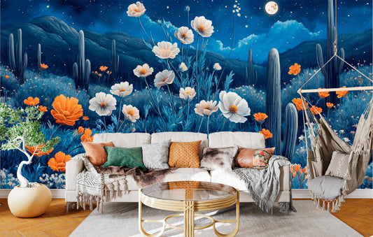 Desert Night Floral Cactus Floral Wallpaper – room setting, Golden Era Walls