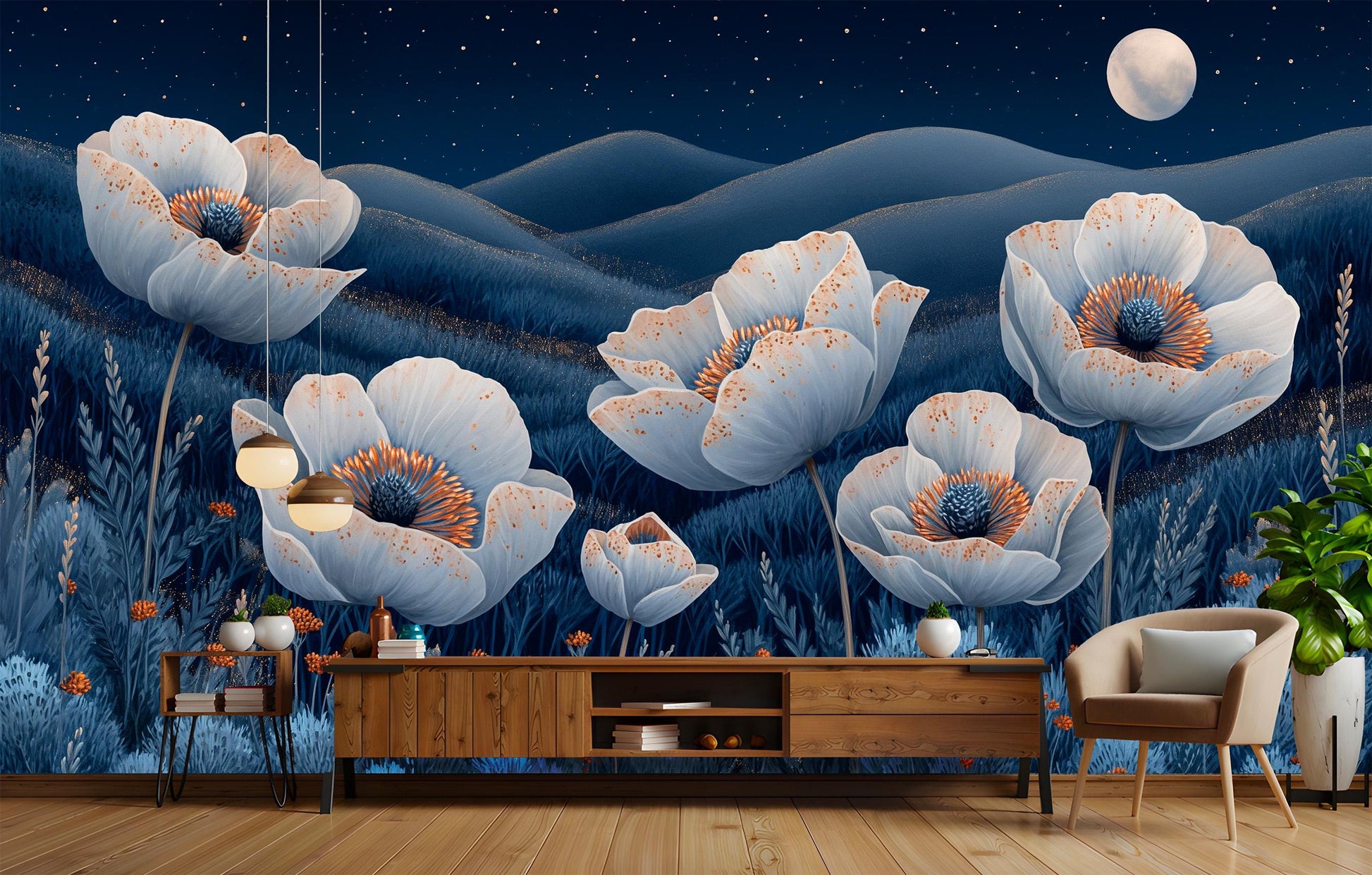 Desert Night Floral Non Floral Wallpaper – lifestyle view, Golden Era Walls
