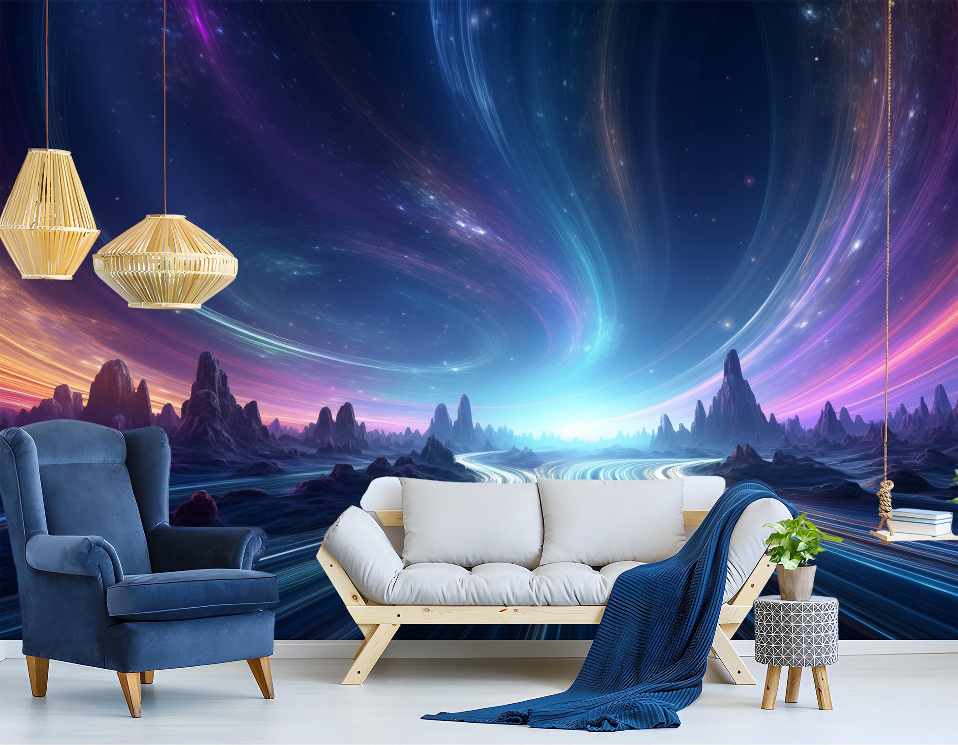 Cosmic Highway Ethereal Galaxy Wallpaper – room setting, Golden Era Walls