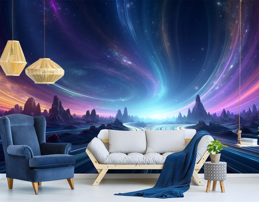 Cosmic Highway Ethereal Galaxy Wallpaper – room setting, Golden Era Walls