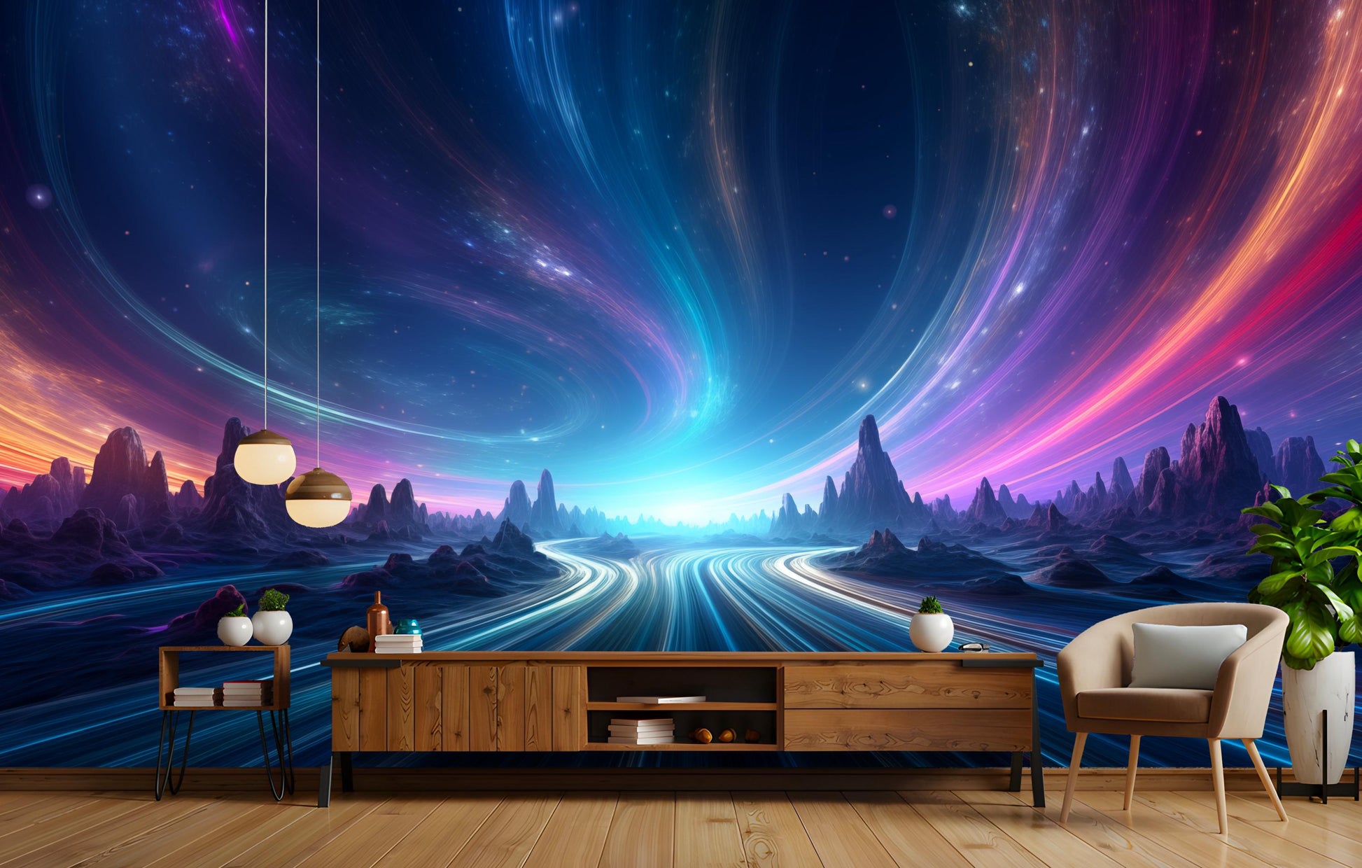 Cosmic Highway Ethereal Galaxy Wallpaper – lifestyle view, Golden Era Walls