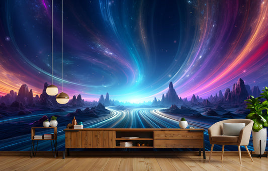 Cosmic Highway Ethereal Galaxy Wallpaper – lifestyle view, Golden Era Walls