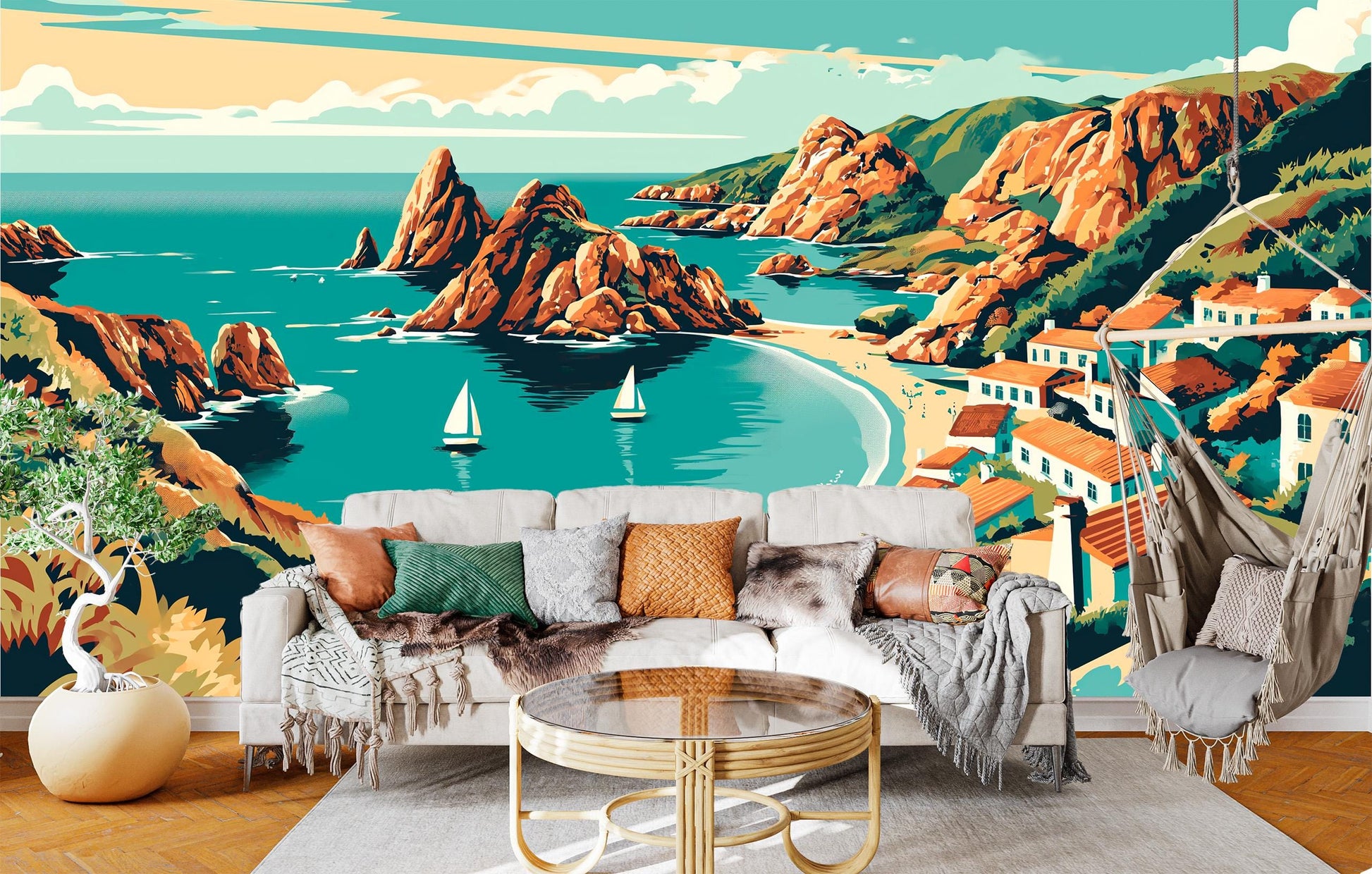 Coastal Mediterranean Landscape Non Coastal Wallpaper – room setting, Golden Era Walls