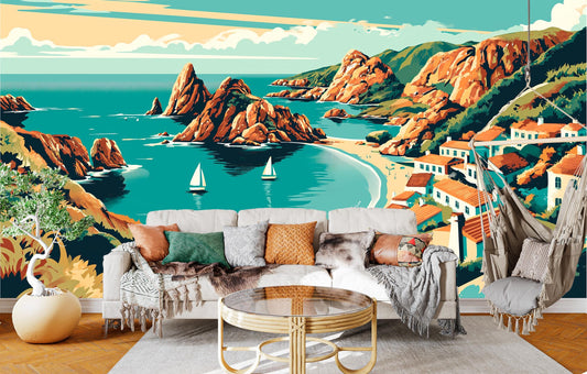 Coastal Mediterranean Landscape Non Coastal Wallpaper – room setting, Golden Era Walls