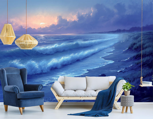 Calming Ocean Dusk Waves Coastal Wallpaper – peel and stick wallpaper mural, Golden Era Walls