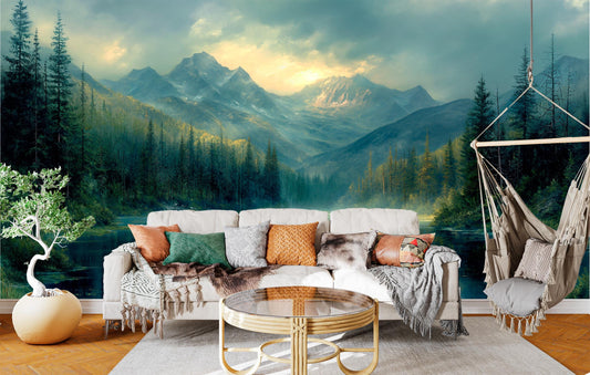 Calm Lakeside Forest Serene Wallpaper – peel and stick wallpaper mural, Golden Era Walls
