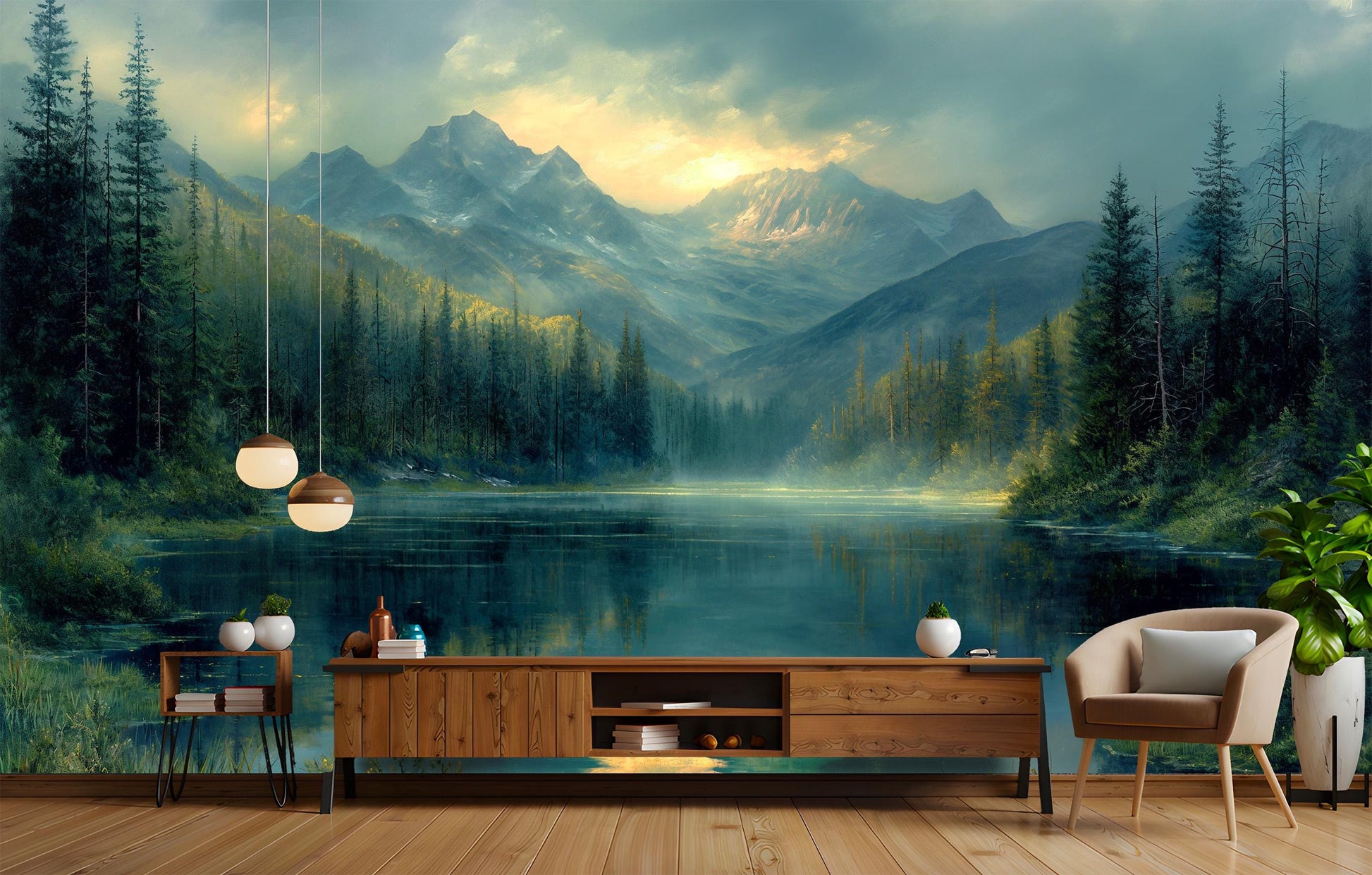Calm Lakeside Forest Serene Wallpaper – room setting, Golden Era Walls