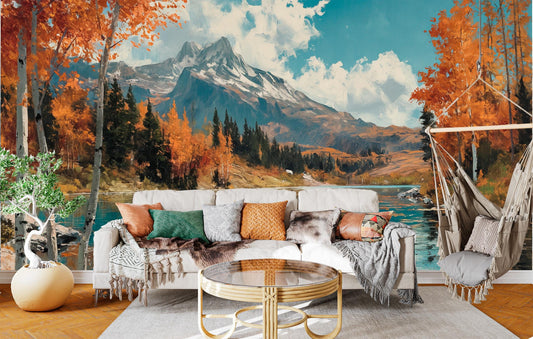 Autumn Reflection Mountain Lake Coastal Wallpaper – room setting, Golden Era Walls