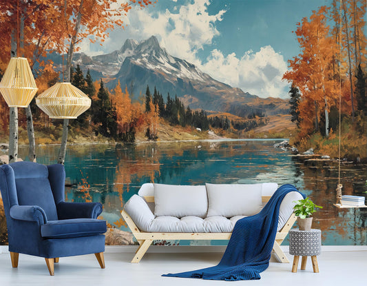 Autumn Reflection Mountain Lake Coastal Wallpaper – lifestyle view, Golden Era Walls