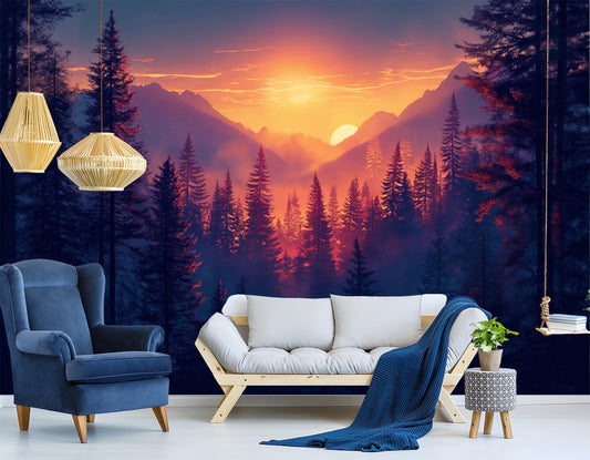 Forest Sunset Majestic Mountain Wallpaper – room setting, Golden Era Walls