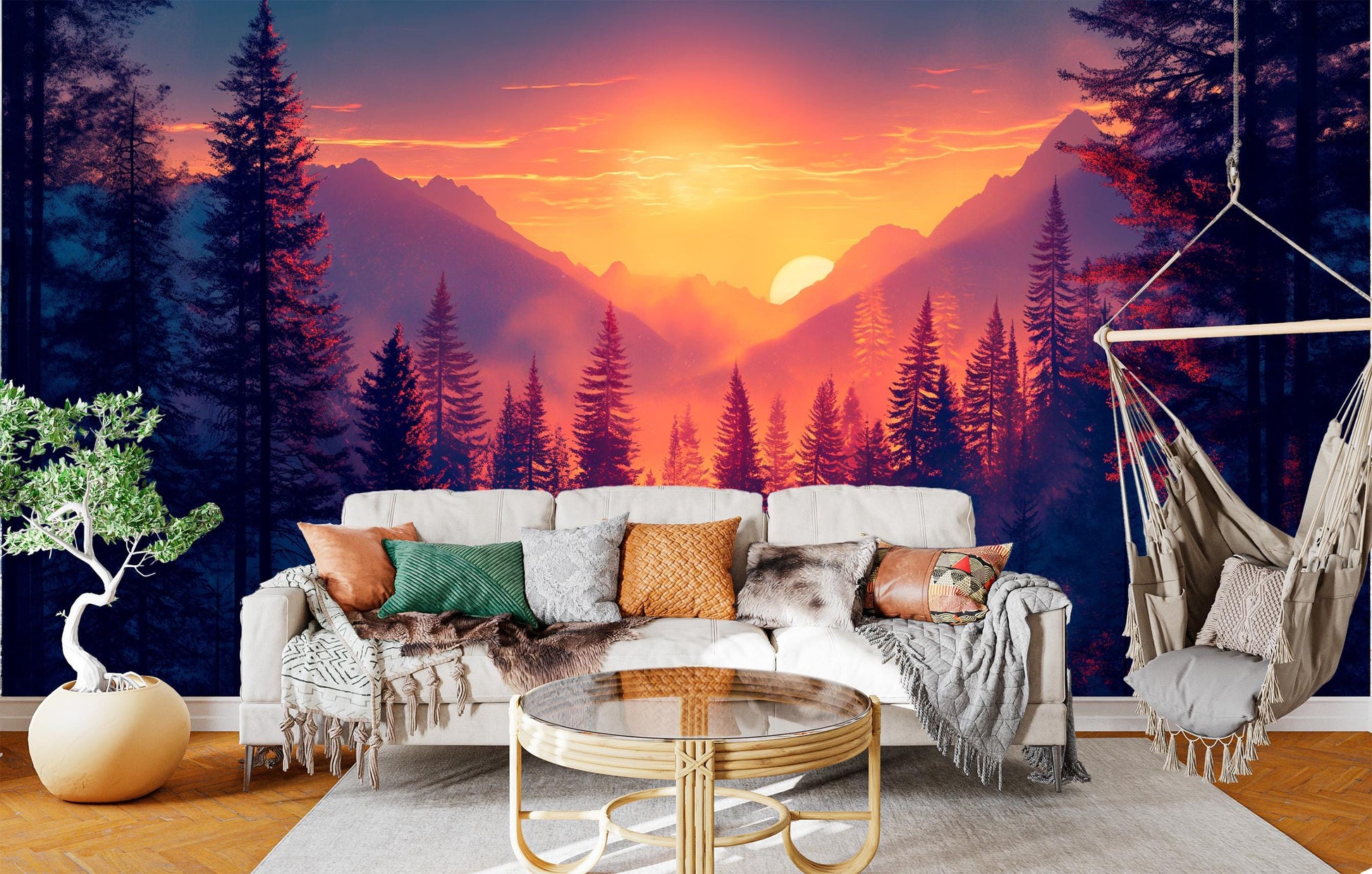 Forest Sunset Majestic Mountain Wallpaper – detail view, Golden Era Walls