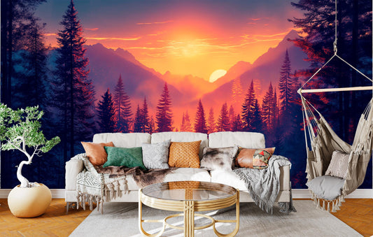 Forest Sunset Majestic Mountain Wallpaper – detail view, Golden Era Walls