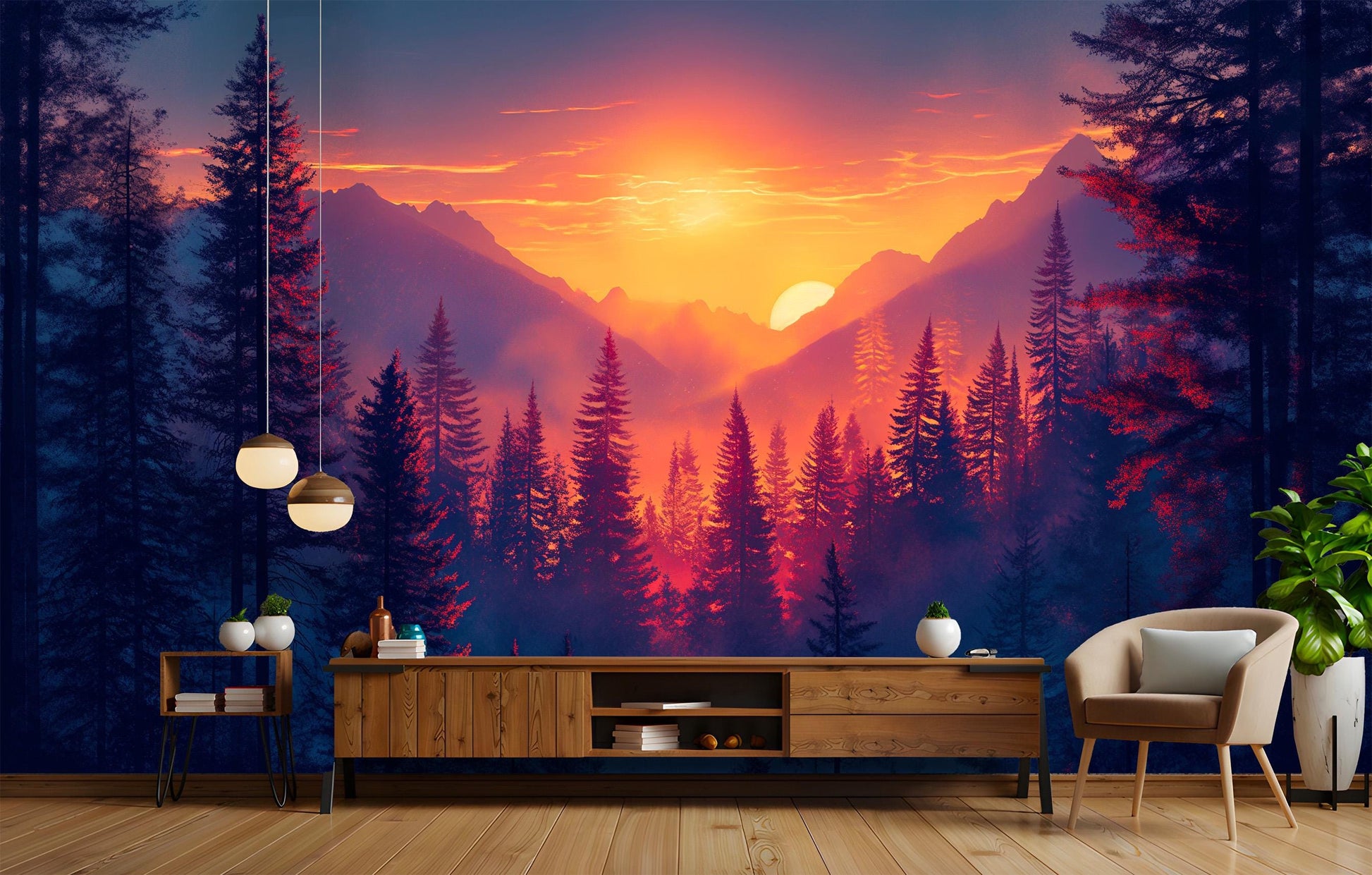 Forest Sunset Majestic Mountain Wallpaper – peel and stick wallpaper mural, Golden Era Walls