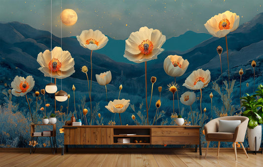 Desert Nightscape Floral Cactus Floral Wallpaper – lifestyle view, Golden Era Walls