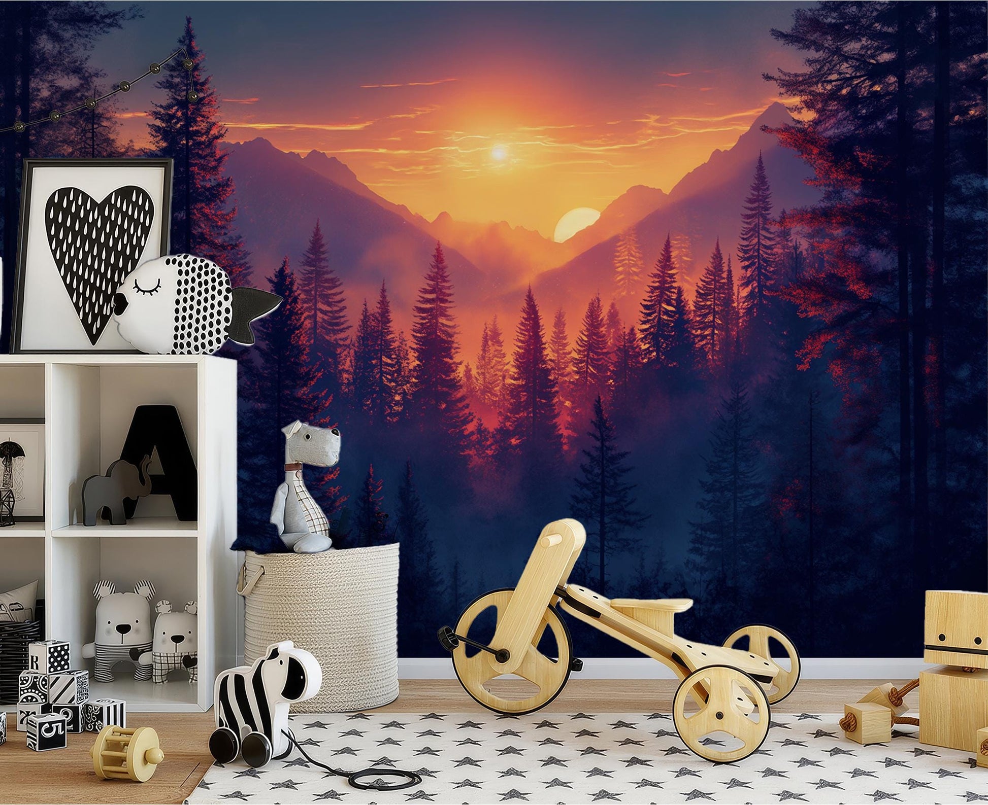Forest Sunset Majestic Mountain Wallpaper – lifestyle view, Golden Era Walls