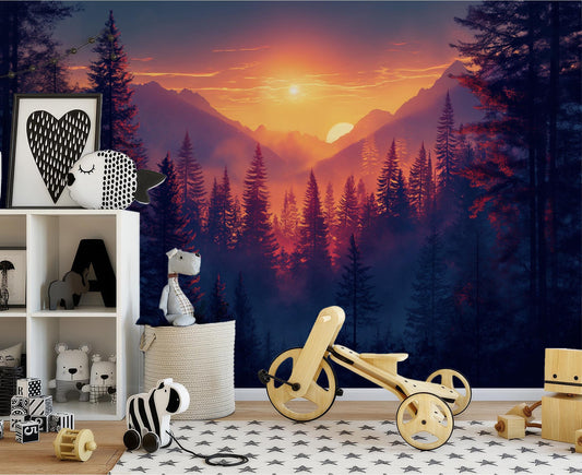 Forest Sunset Majestic Mountain Wallpaper – lifestyle view, Golden Era Walls