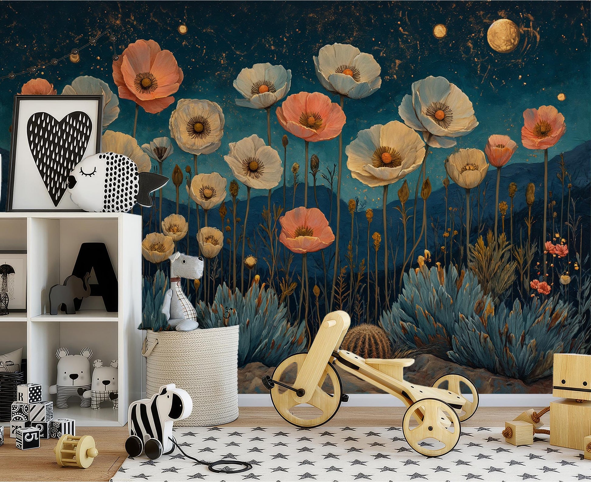 Moonlit Desert Floral Non Floral Wallpaper – lifestyle view, Golden Era Walls